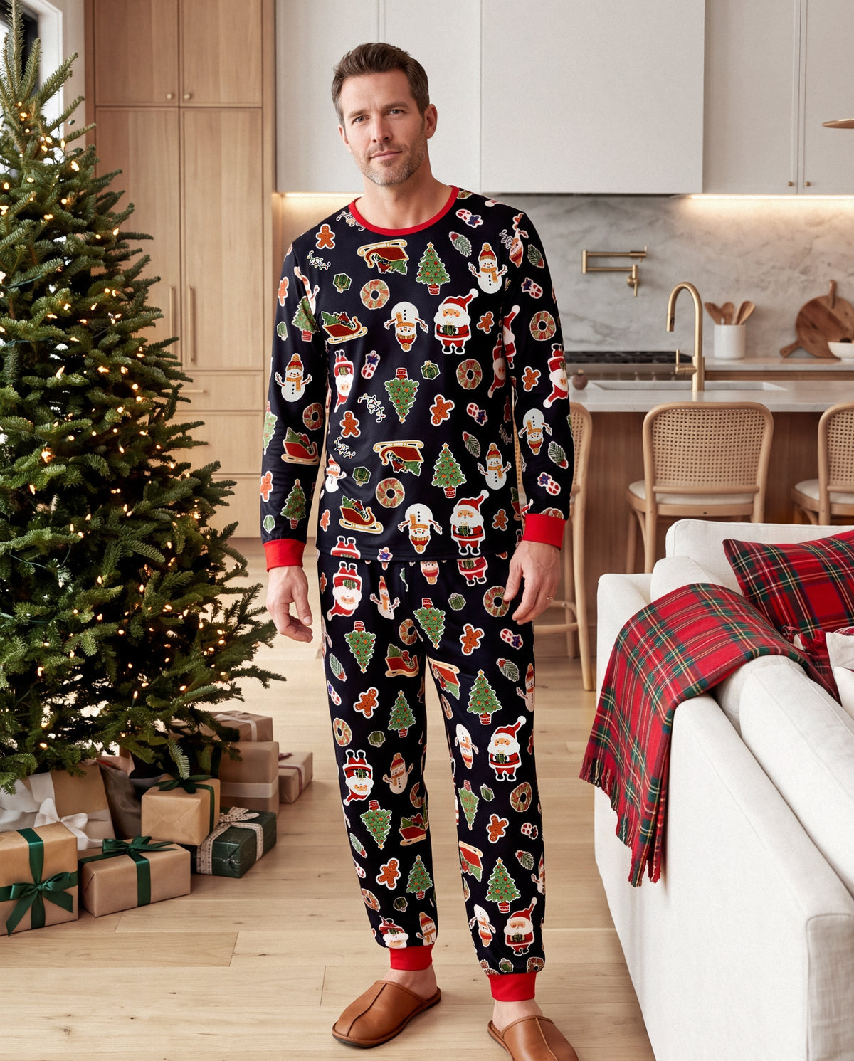 PatPat Family Matching Christmas Pajamas Christmas Tree & Gingerbread Print Black