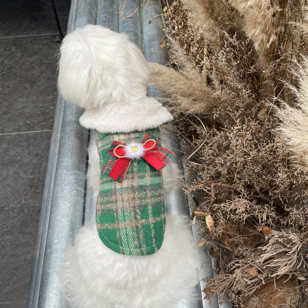 Xmas Fleece Collar Plaid Bow Dog Cat Cape